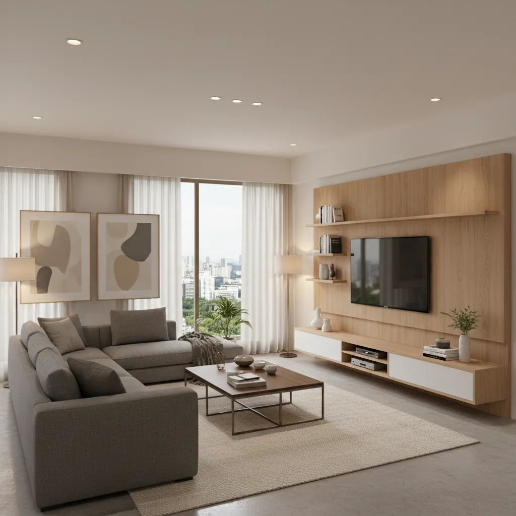 Modern Bangalore apartment living room interior with sofa TV unit and warm lighting