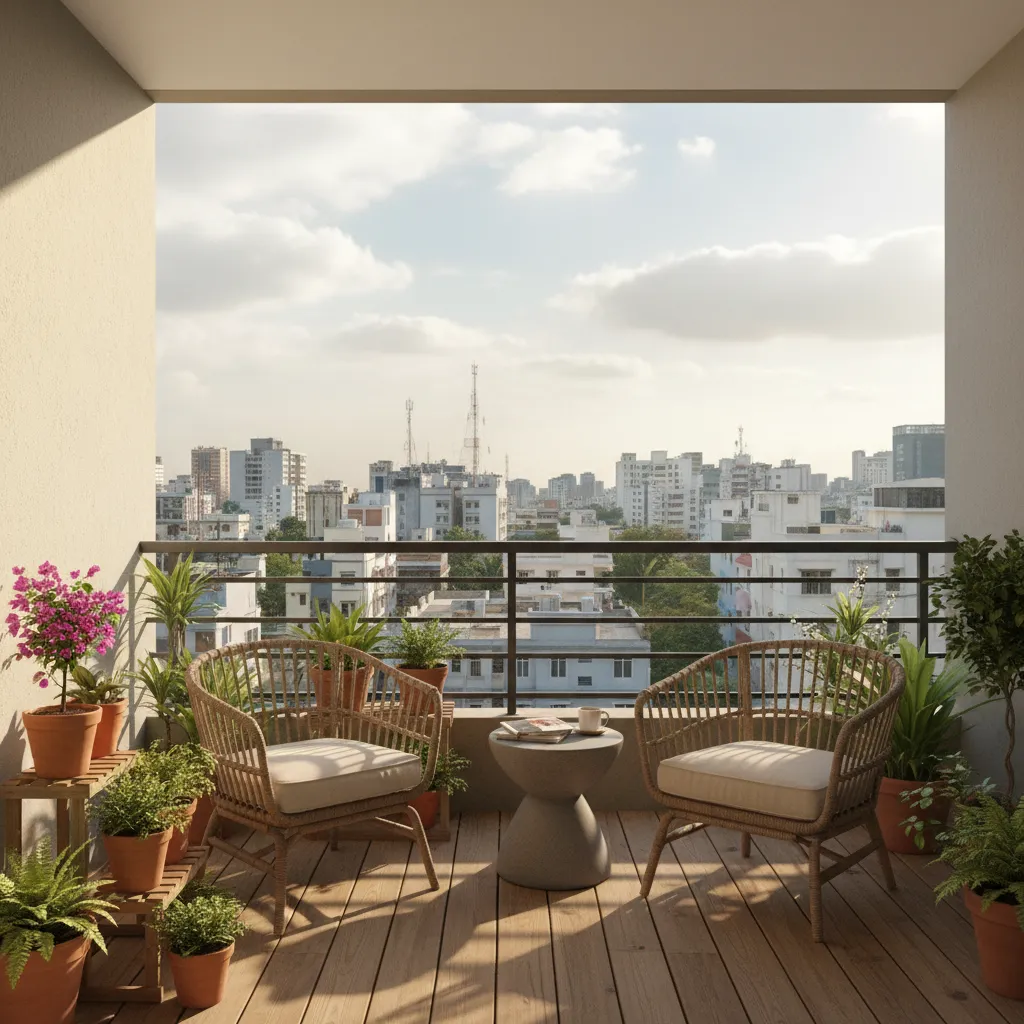 small Bangalore apartment balcony with plants and seating