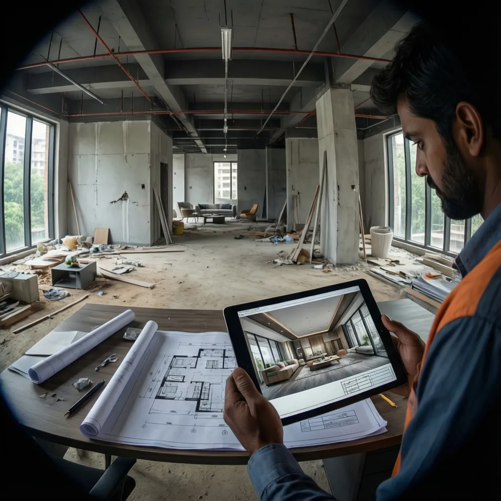 Interior construction site in Bangalore where contractors review design plans during installation