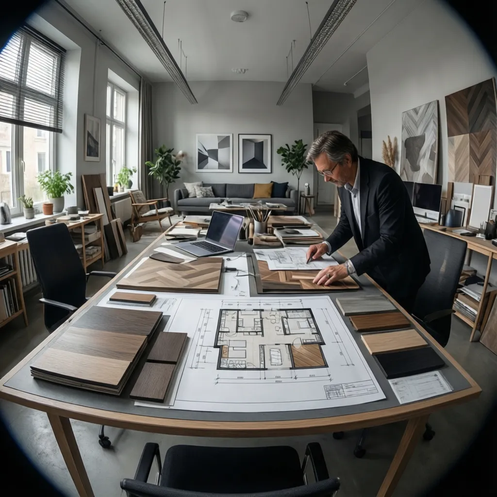 Interior designers working in a Bangalore studio reviewing materials and layouts