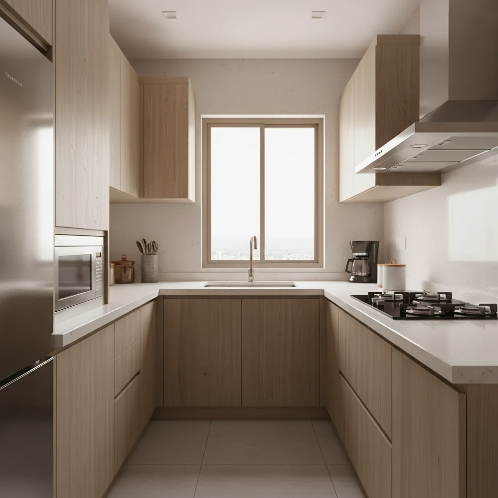 Modern U shaped kitchen design with wood cabinets, white countertops, center window, and silver appliances