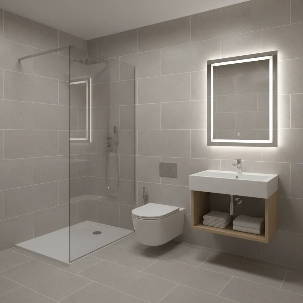 banheiro pequeno com box chuveiro pia e vaso sanitário bem distribuídos