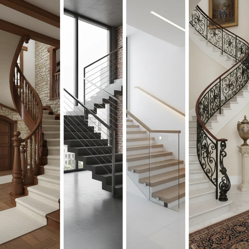 comparison of staircase banister materials in different home interiors