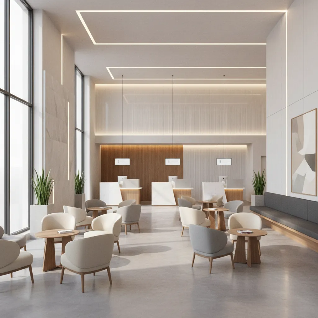 Open bank branch customer service area with waiting seating and teller counters