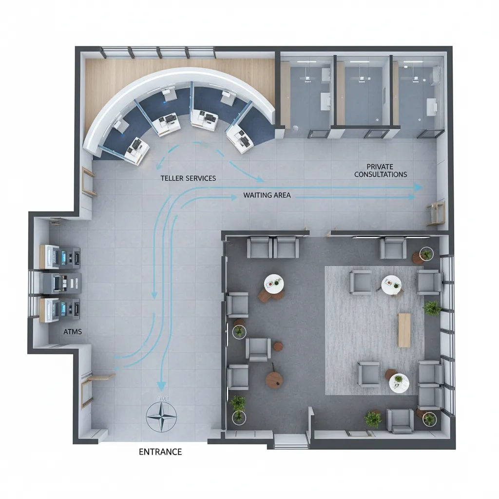 Bank branch floor layout showing customer circulation and queue areas