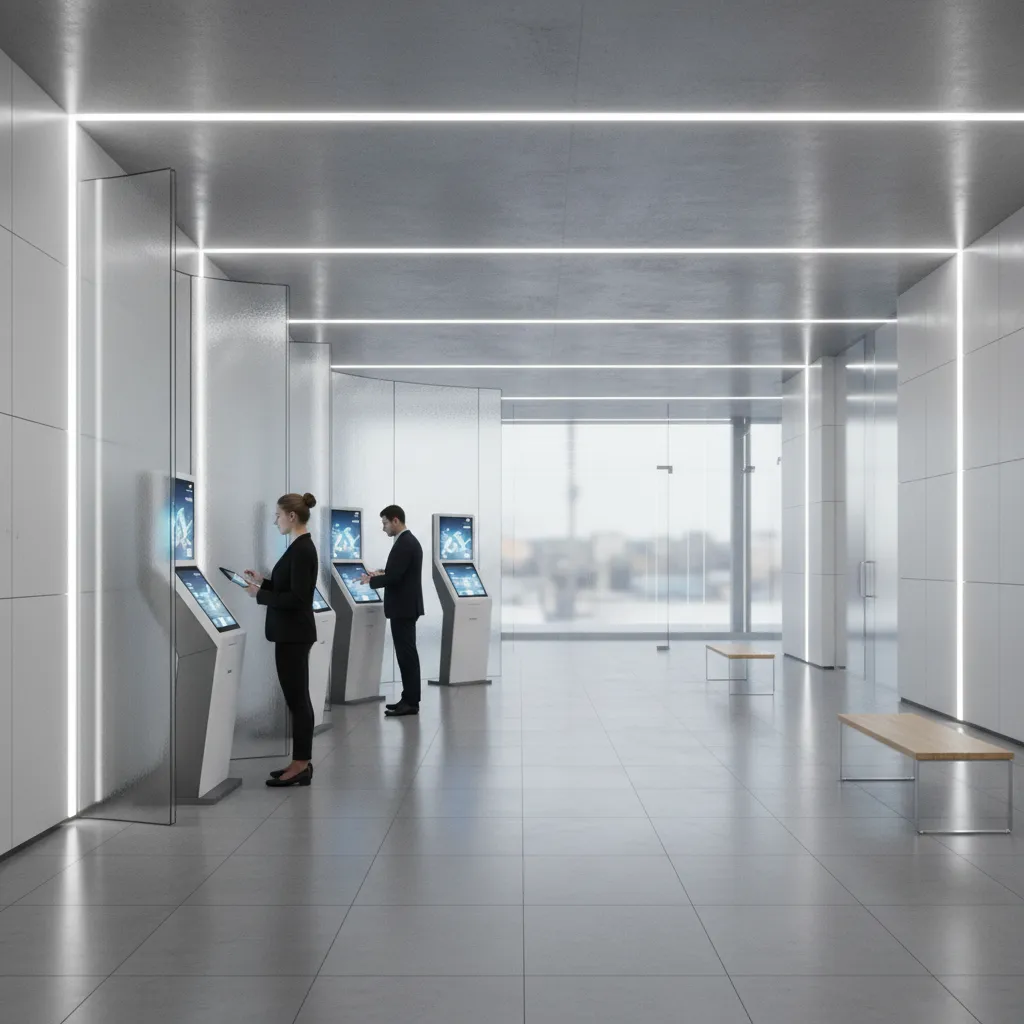 Bank branch layout featuring digital kiosks and self service banking area