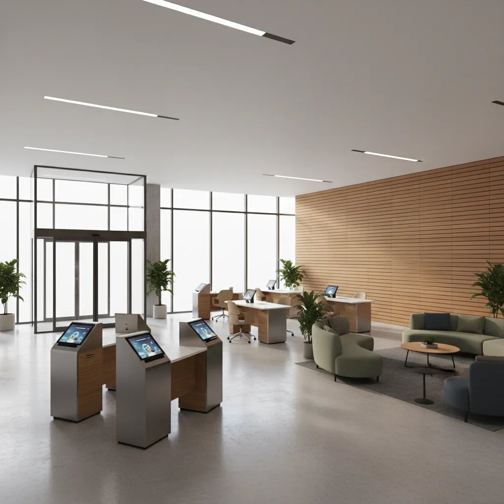 Open modern bank branch interior showing entrance, digital kiosks and seating area