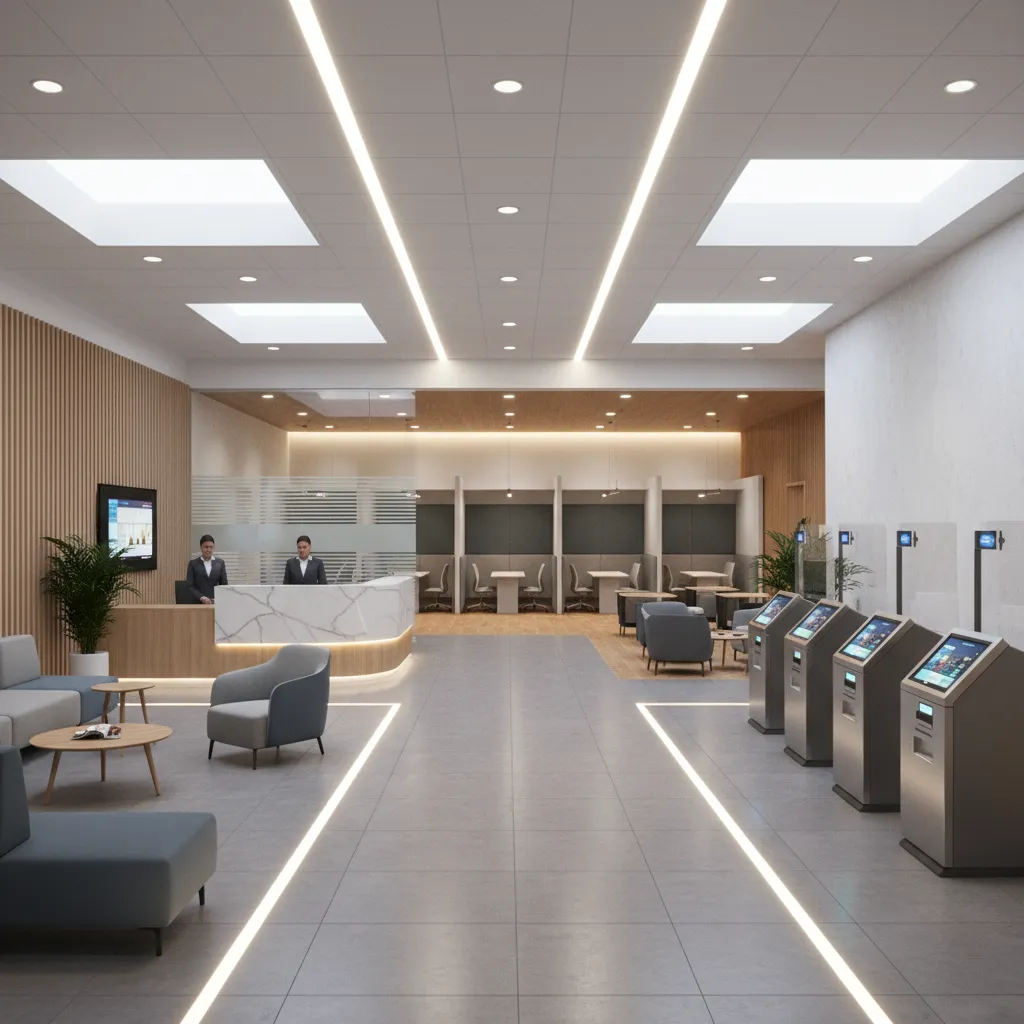 Bank branch interior showing clear circulation path from entrance to service zones