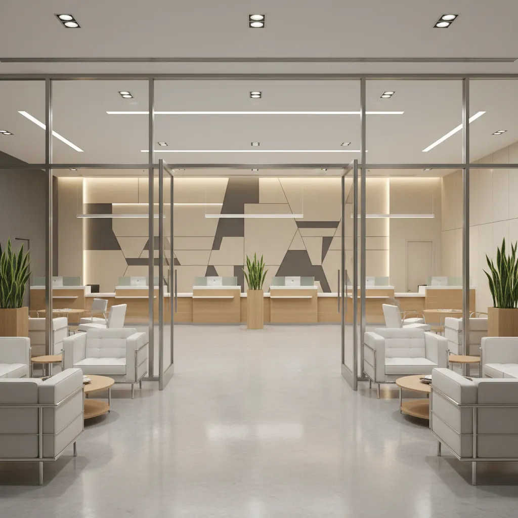 Open bank lobby with teller counters visible from entrance and clear sightlines