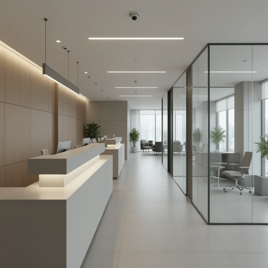 Modern bank interior with discreet security cameras and open service area