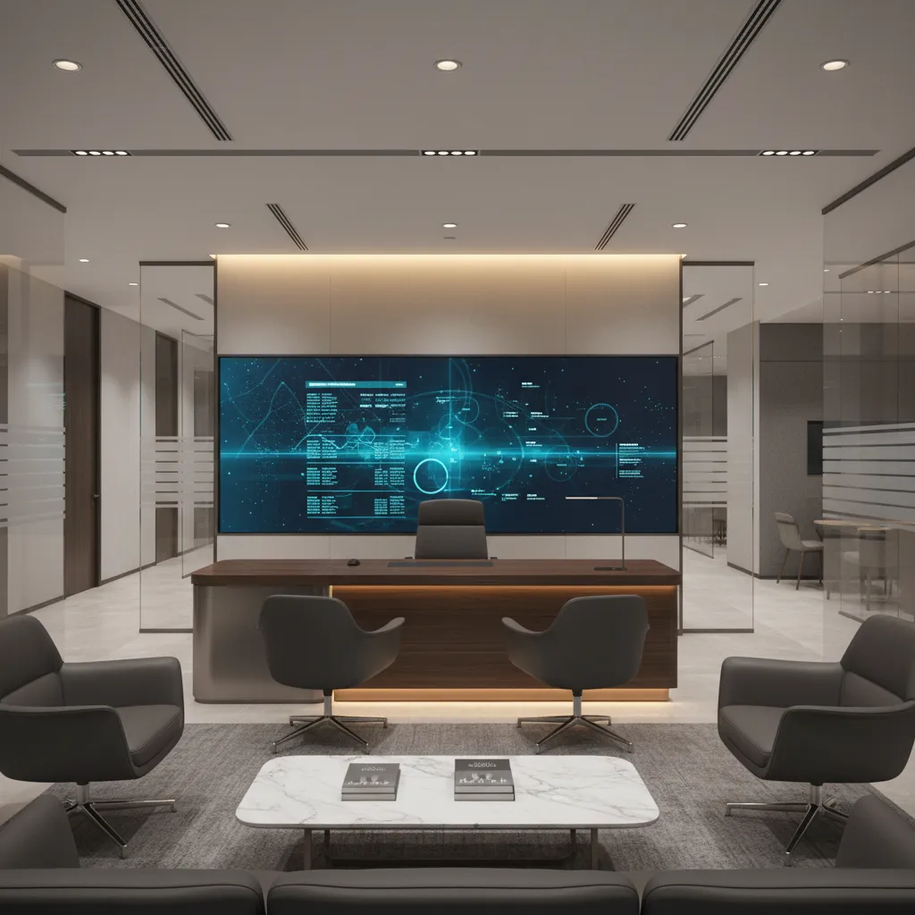 Modern bank consultation room with digital screen and advisor desk