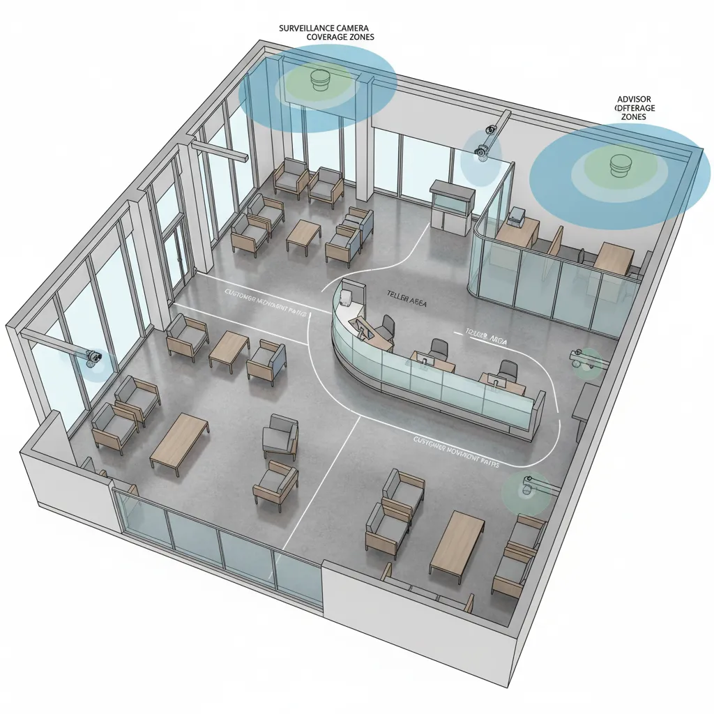 Bank interior layout showing customer circulation zones and surveillance coverage