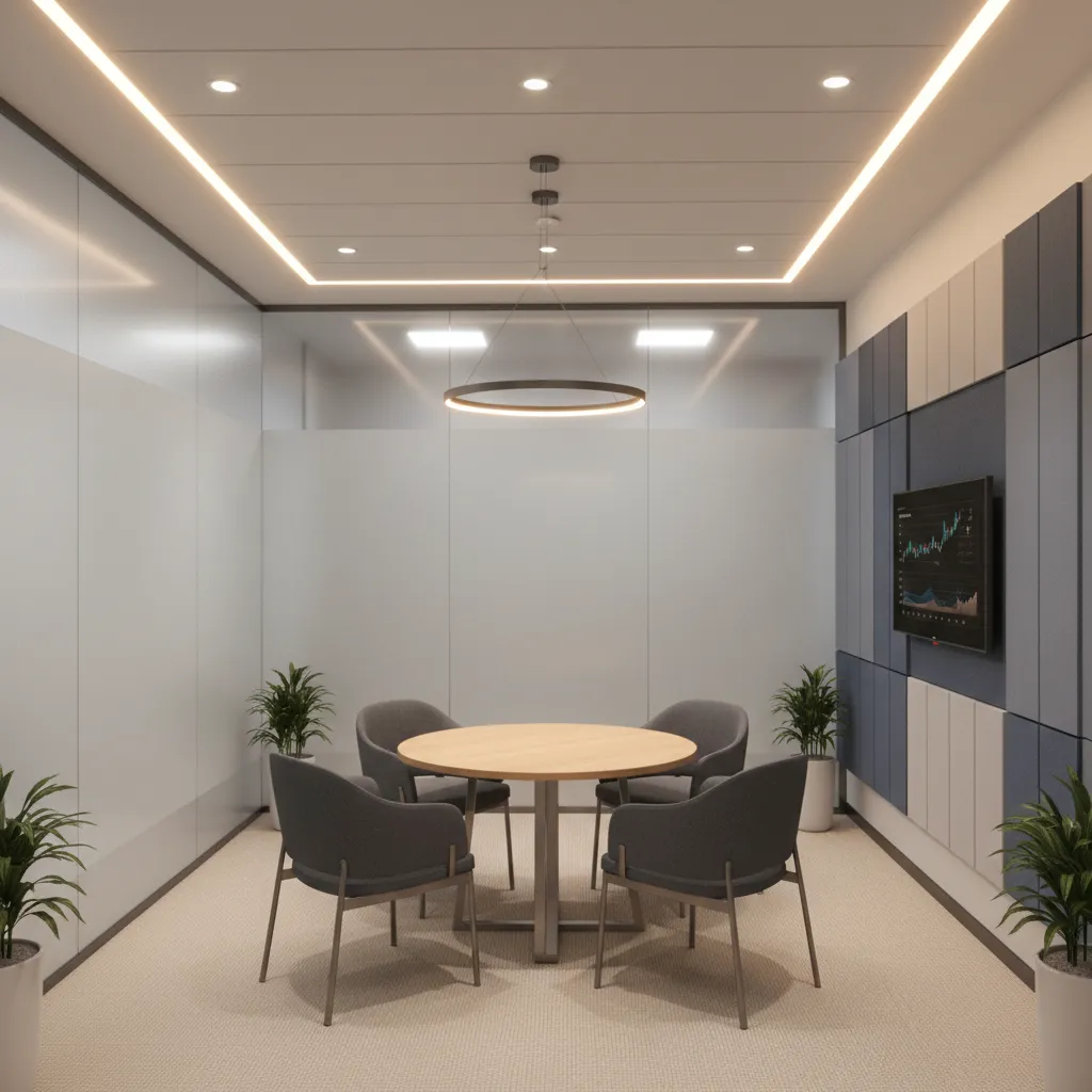 Private consultation room inside a bank with frosted glass and acoustic design