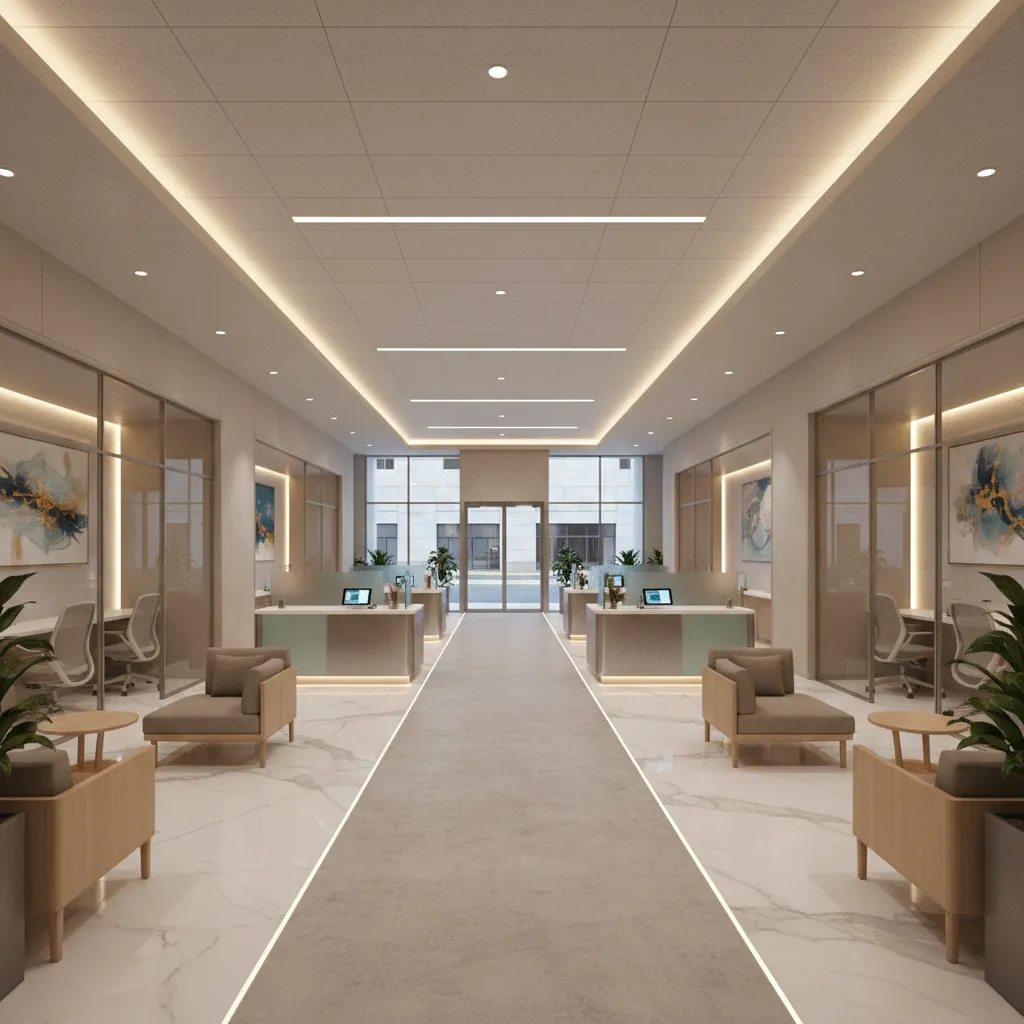 Bank service desks positioned away from entrance with clear circulation space