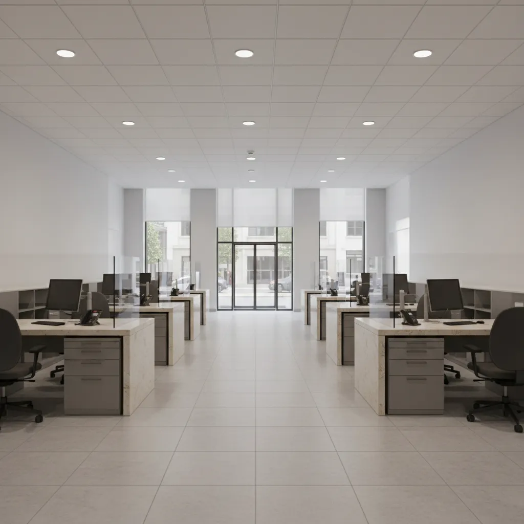 Teller counters positioned for security visibility across bank lobby