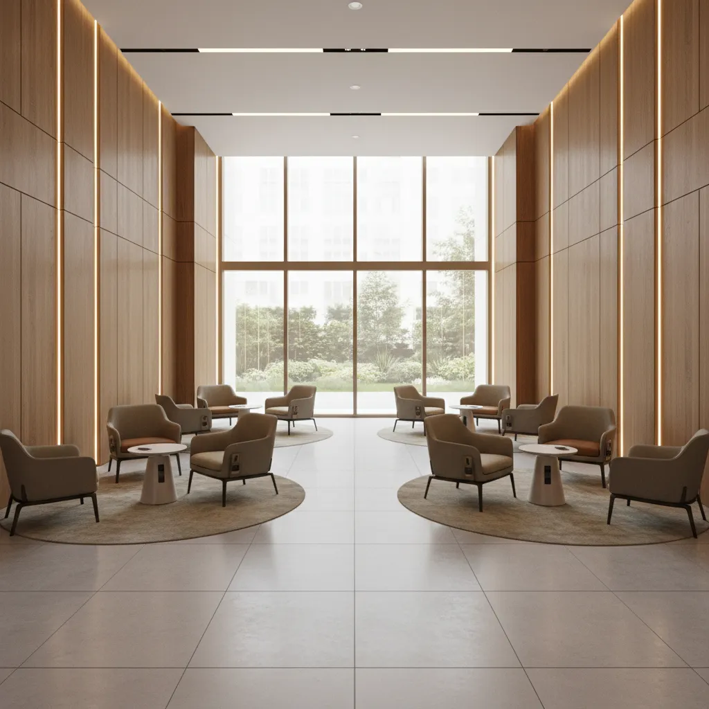 Comfortable bank waiting area with lounge seating and natural lighting