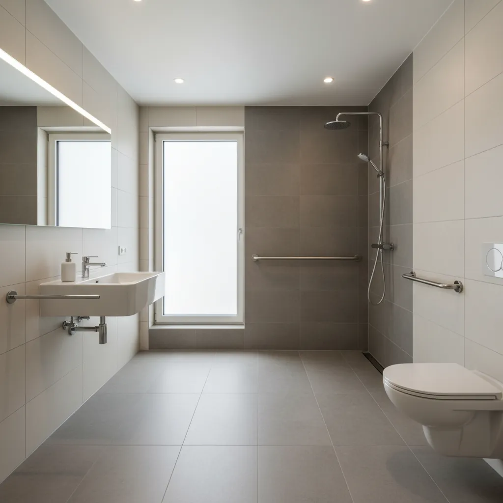 Baño accesible con ducha a ras de suelo y barras de apoyo
