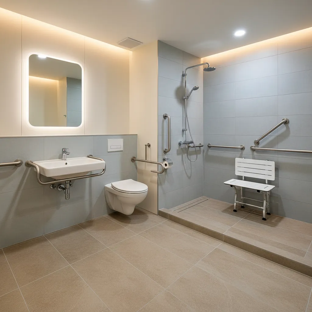Baño adaptado con ducha a ras de suelo y barras de apoyo en residencia de ancianos