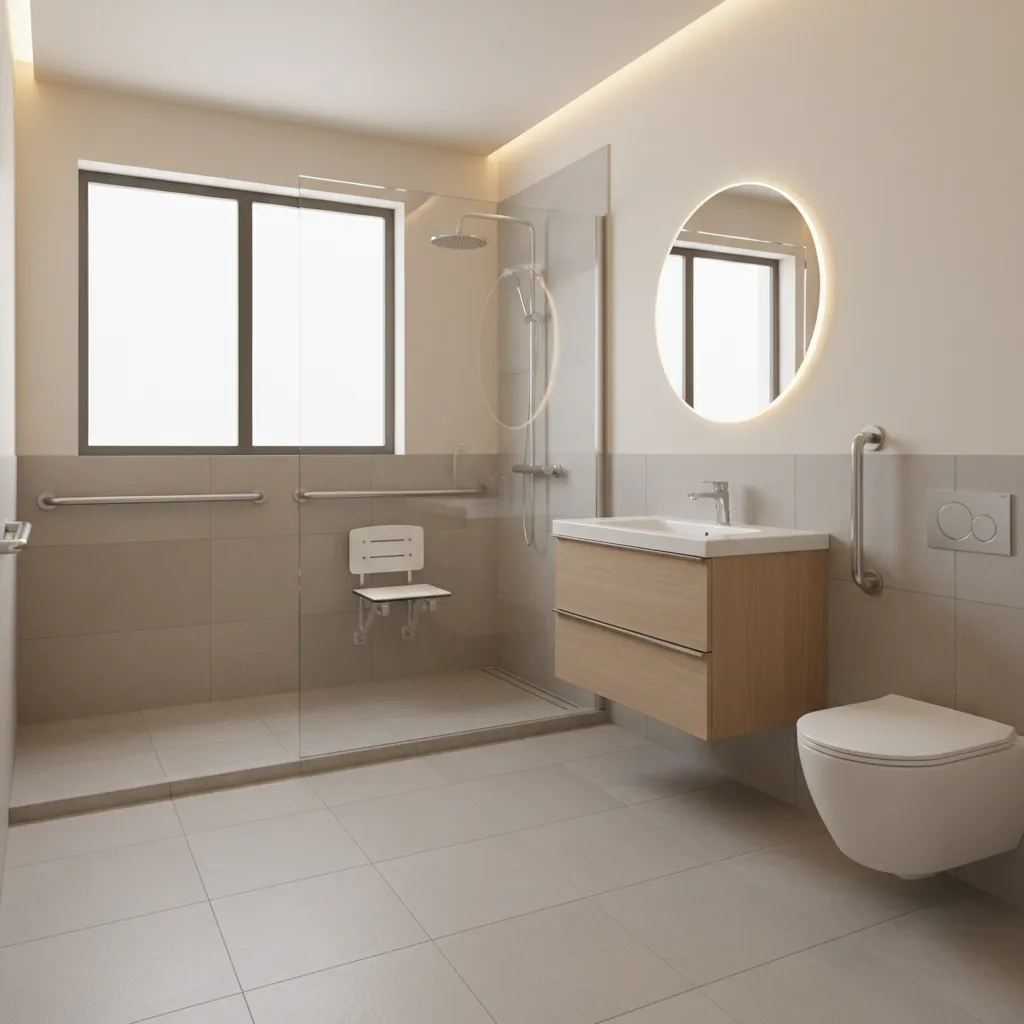 Baño adaptado para personas mayores con barras de apoyo y diseño moderno