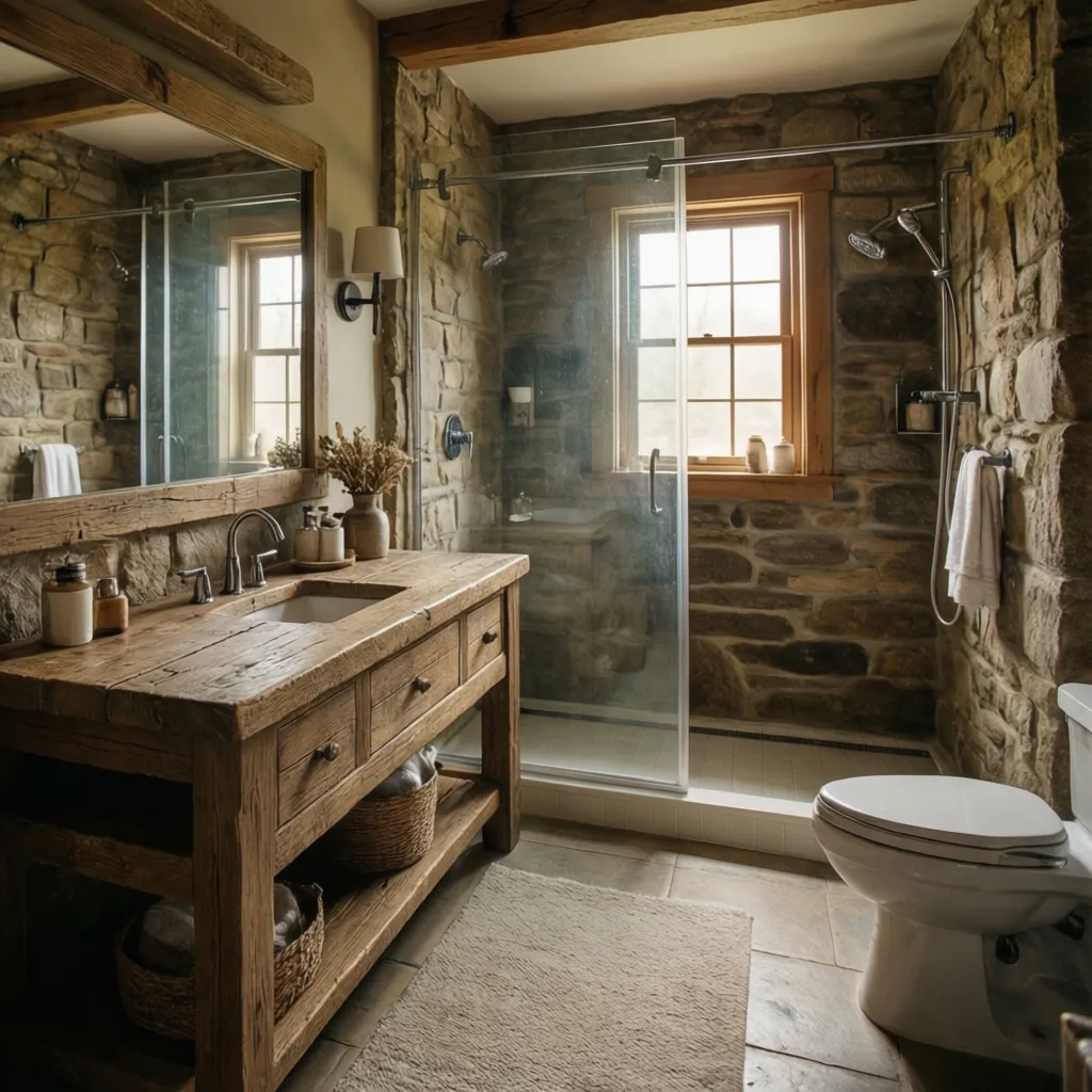 Rustic bathroom with stone walls a wooden cabinet glass shower and white toilet near window