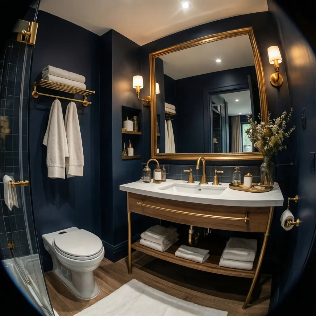 Baño pequeño con paredes azul oscuro y detalles en latón