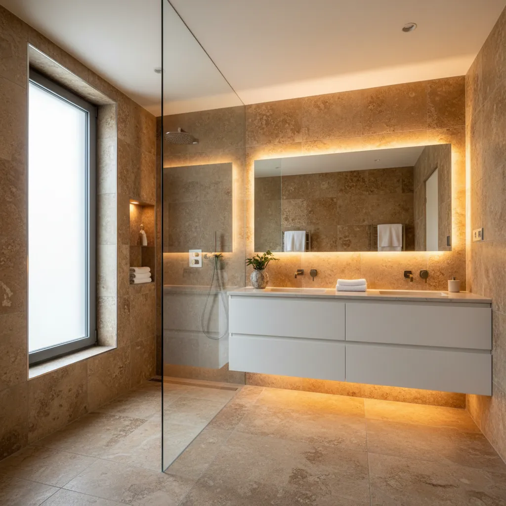 Modern bathroom with brown stone walls, glass shower wall, white cabinet, and large lighted mirror