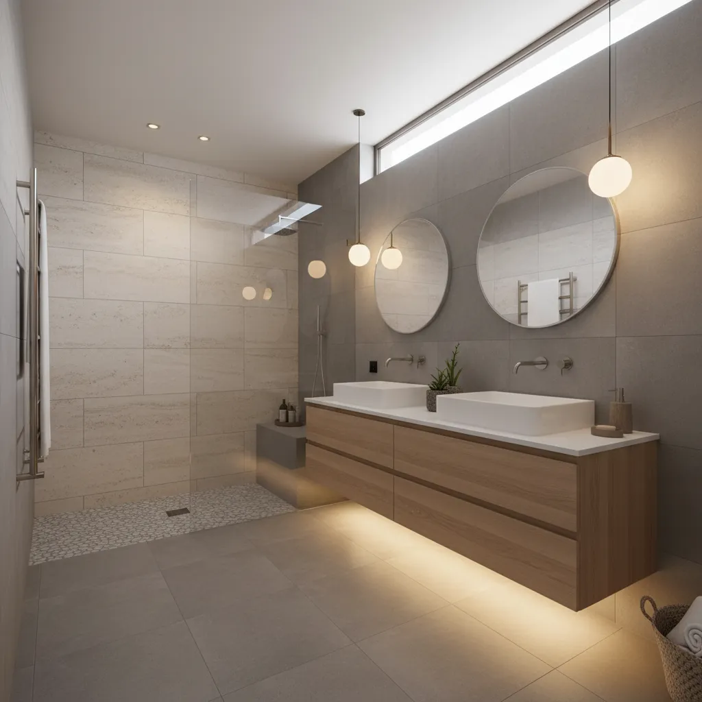 Grey tiled bathroom featuring double sink wooden cabinet two round mirrors and hanging ceiling lights