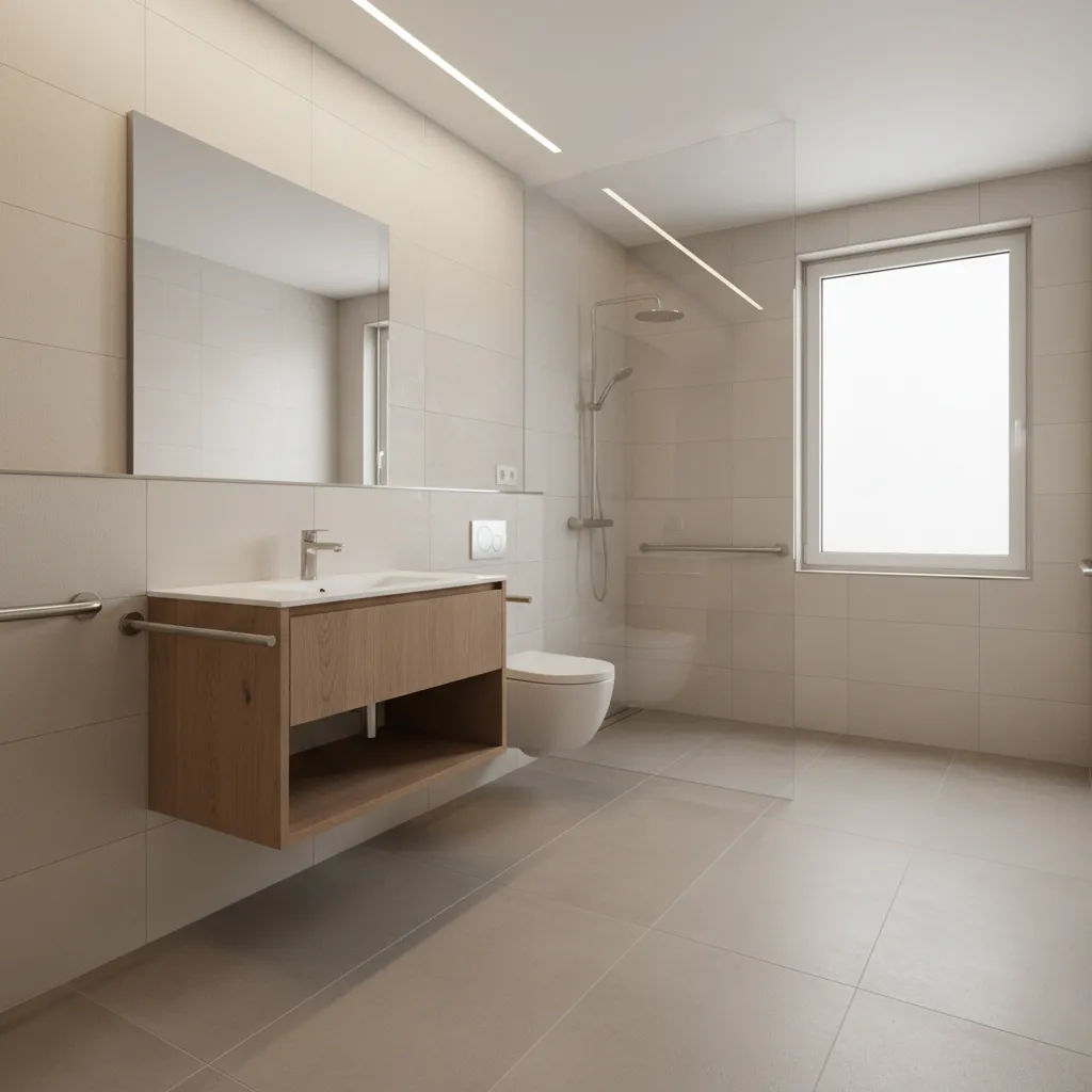 Baño con ducha a ras de suelo y barras de apoyo