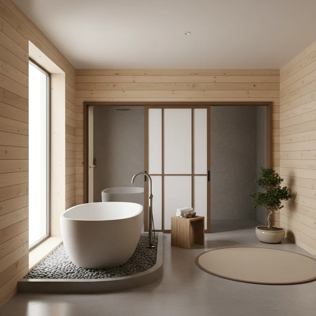 Baño estilo spa con madera clara y luz natural