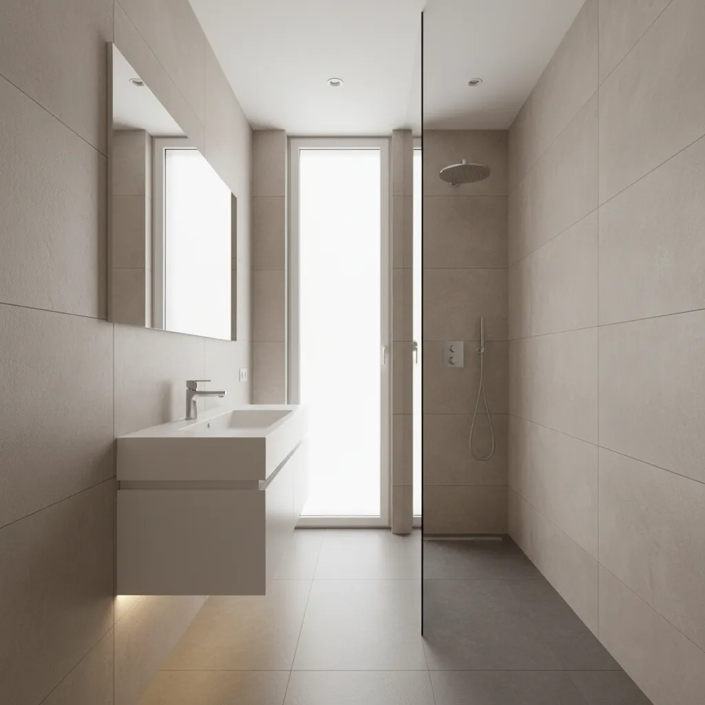 Narrow modern bathroom with white floating sink, glass shower screen, beige wall panels, and window