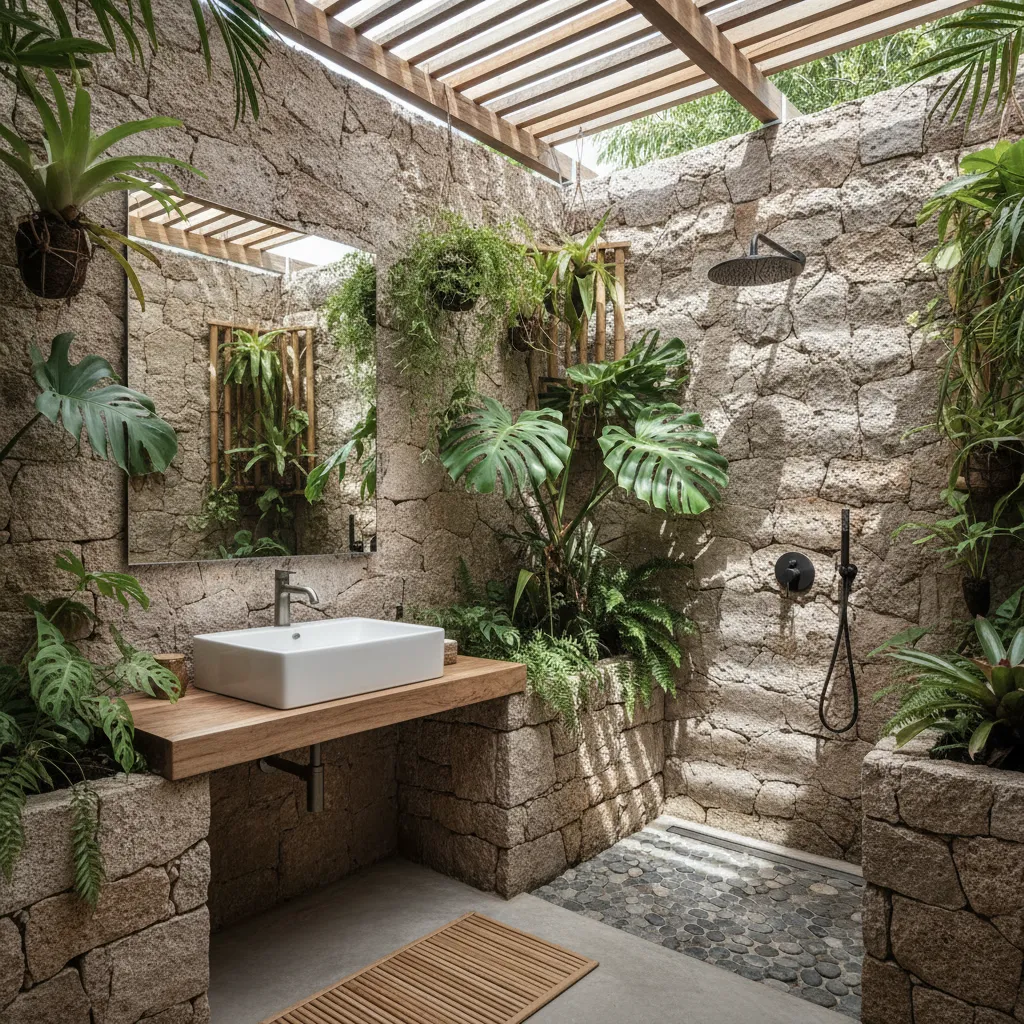 Baño exterior moderno integrado en un jardín con ducha y lavabo