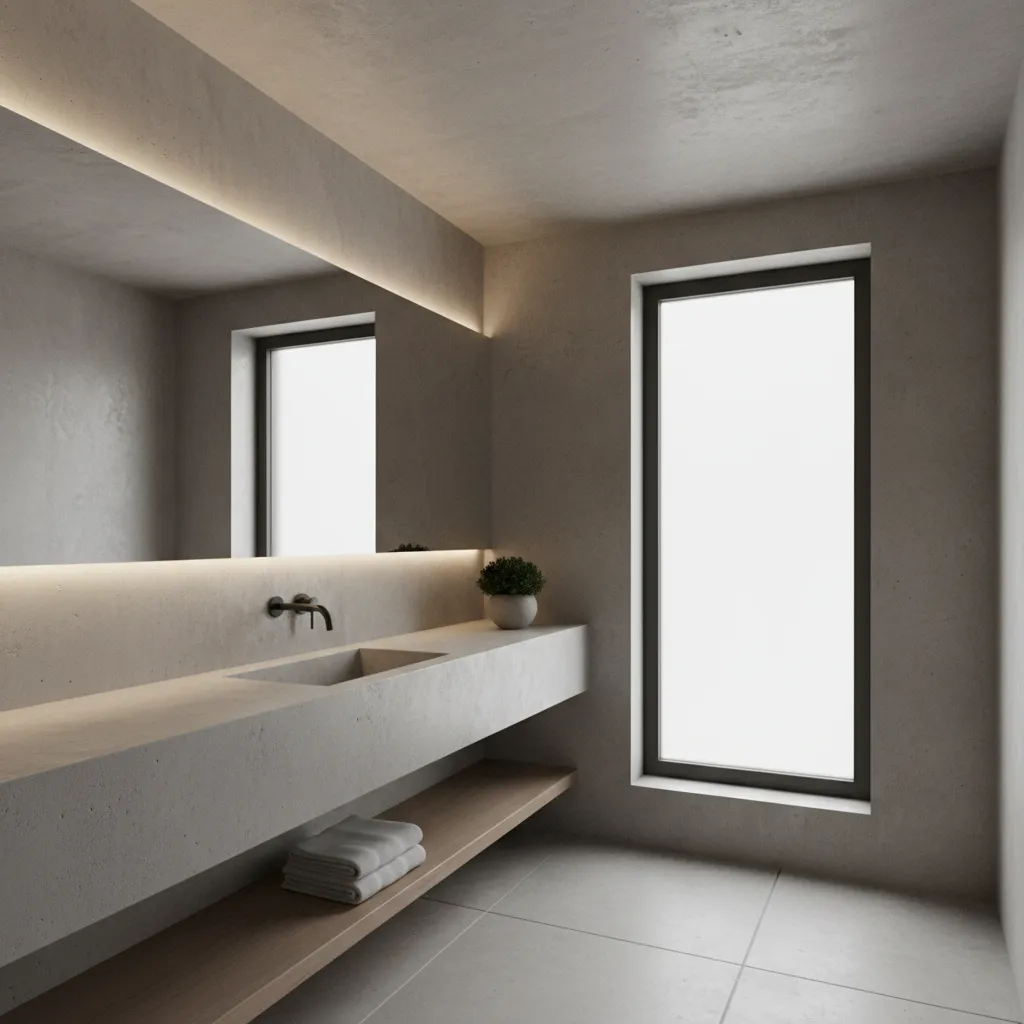 Baño minimalista con lavabo y paredes de hormigón