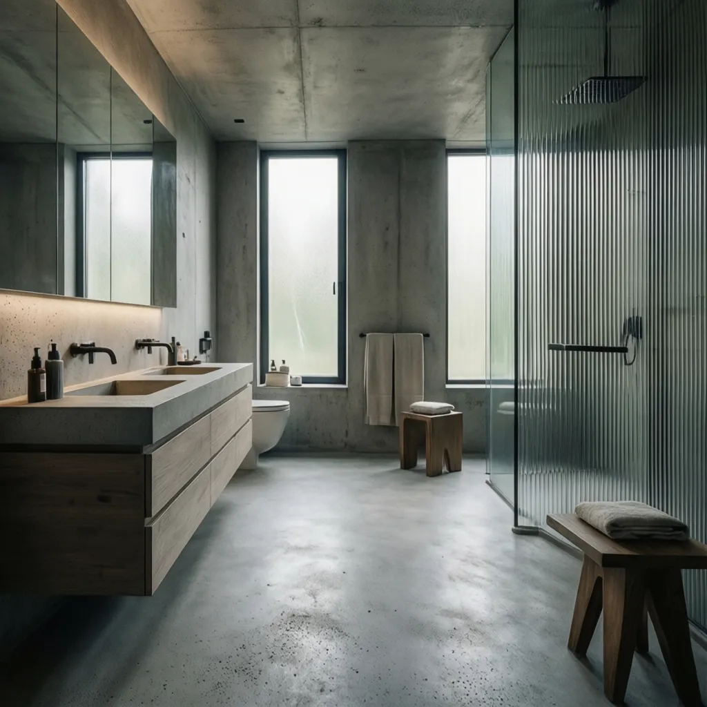 Baño moderno con materiales contemporáneos y superficies continuas