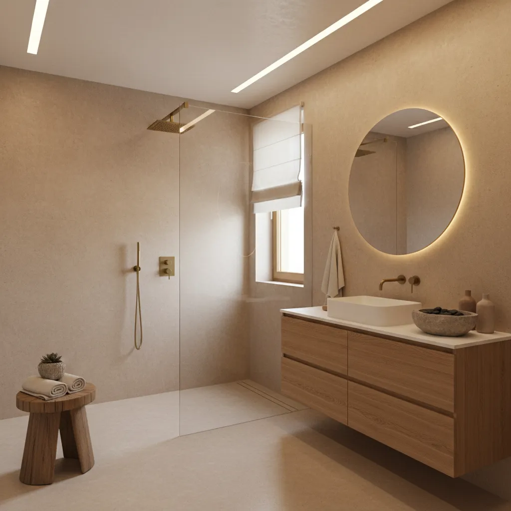 Baño moderno revestido con microcemento en paredes y suelo