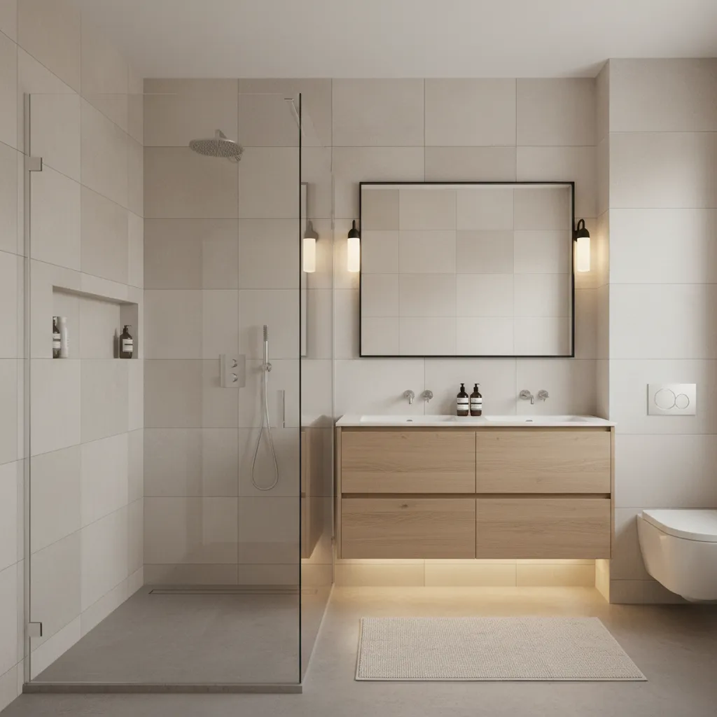 Baño moderno compacto con ducha y diseño minimalista