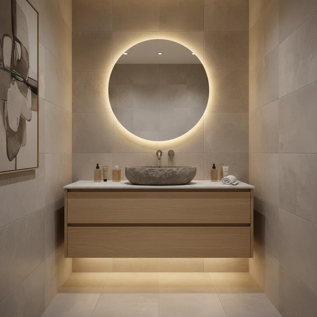 Modern bathroom with floating wood cabinet, stone sink, round backlit mirror, and beige tiled walls