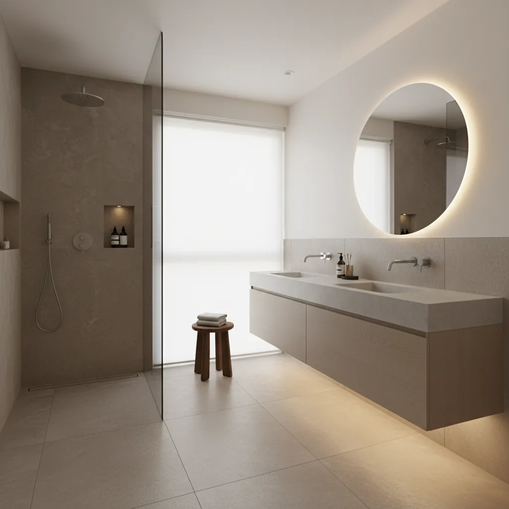 Baño contemporáneo con ducha a ras de suelo y lavabo suspendido