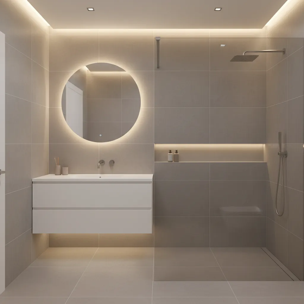 Minimalist bathroom design with grey tile walls white floating cabinet round backlit mirror and shower