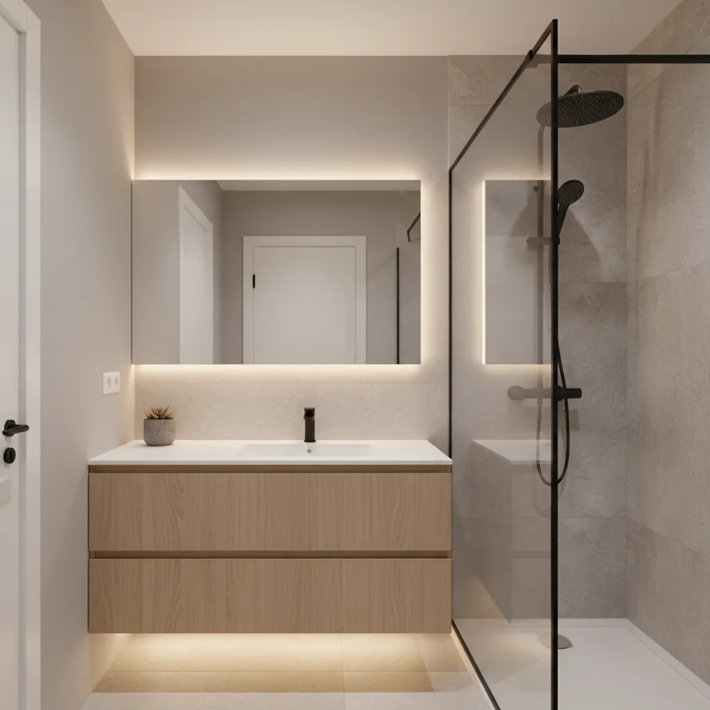 Modern bathroom featuring a wooden cabinet with white sink, lighted mirror, and glass shower door