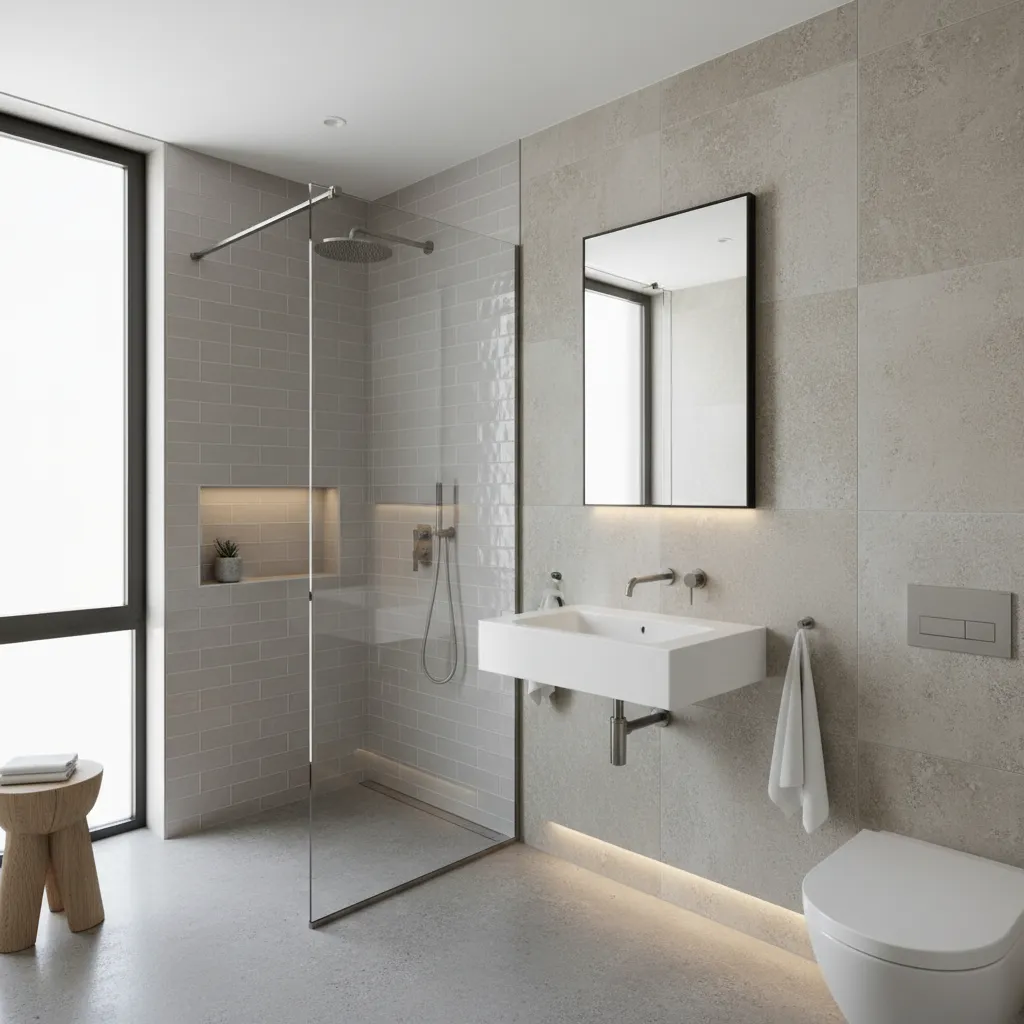 Minimalist bathroom interior design drawing with grey tiles glass shower white sink toilet and stool