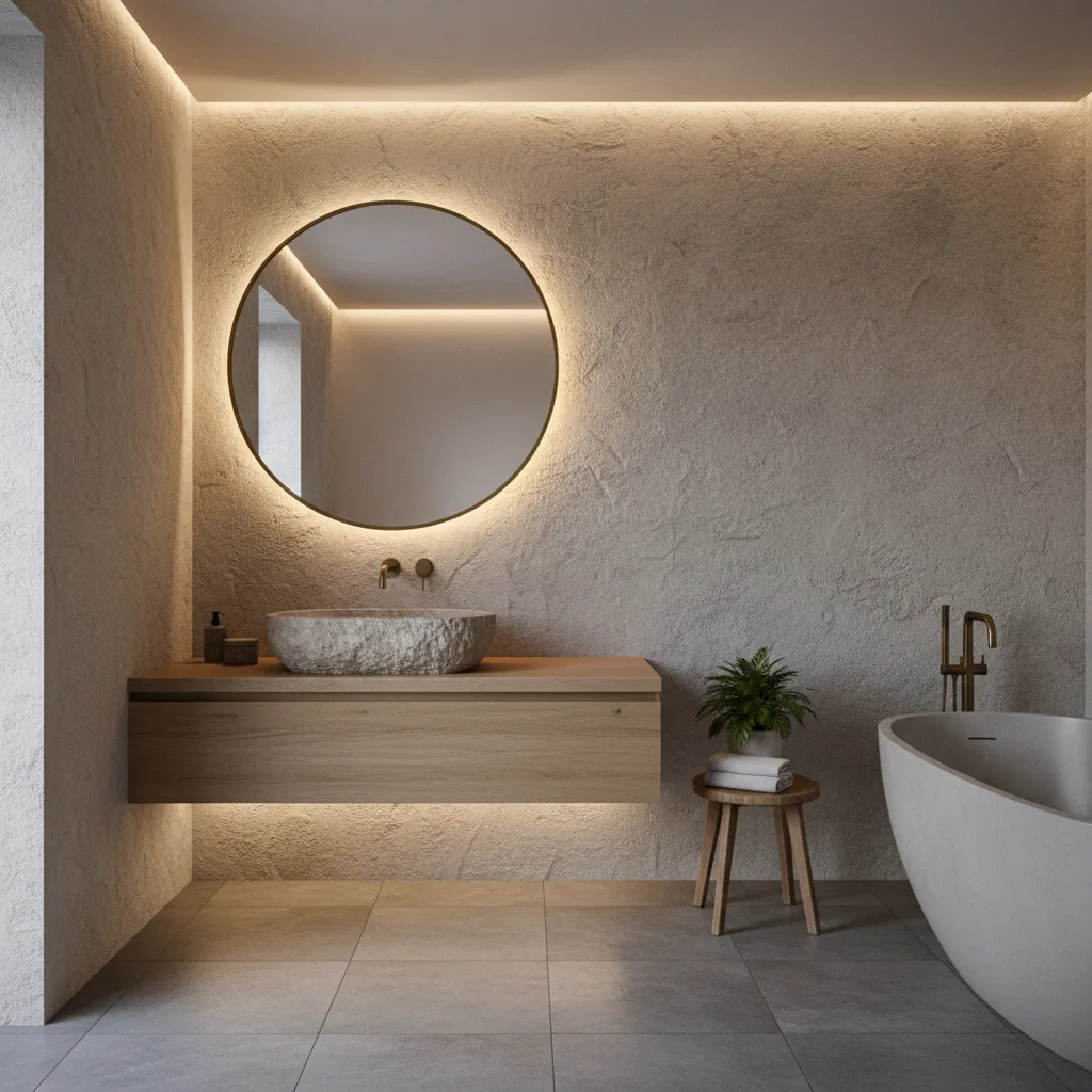 Baño moderno con paredes estucadas y lavabo de piedra