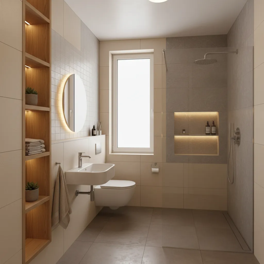 Baño pequeño con estanterías verticales y nichos en la ducha