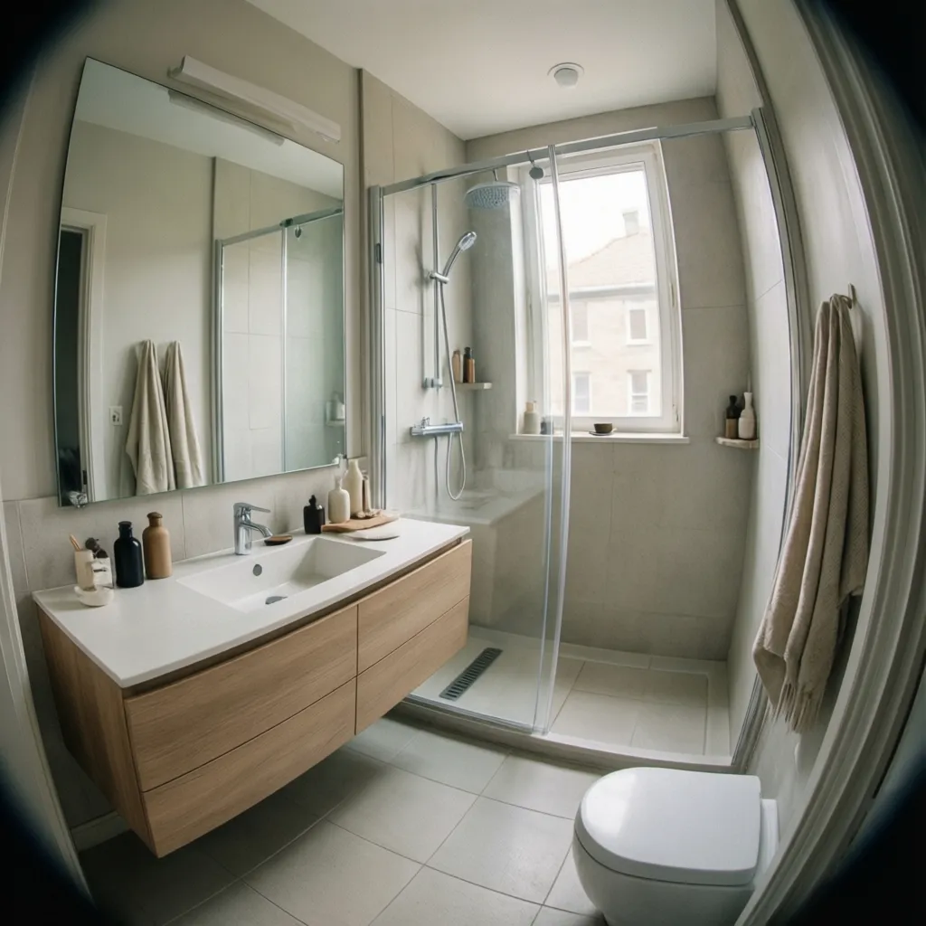 Baño pequeño con espejo grande y ducha abierta que genera sensación de amplitud