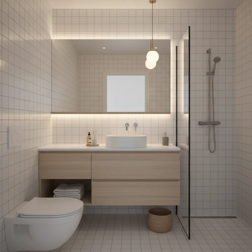 Baño pequeño con azulejos blancos y detalles en madera clara