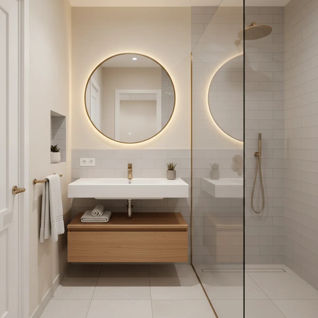 Modern bathroom with white sink wooden cabinet round lighted mirror glass shower and neutral tiles