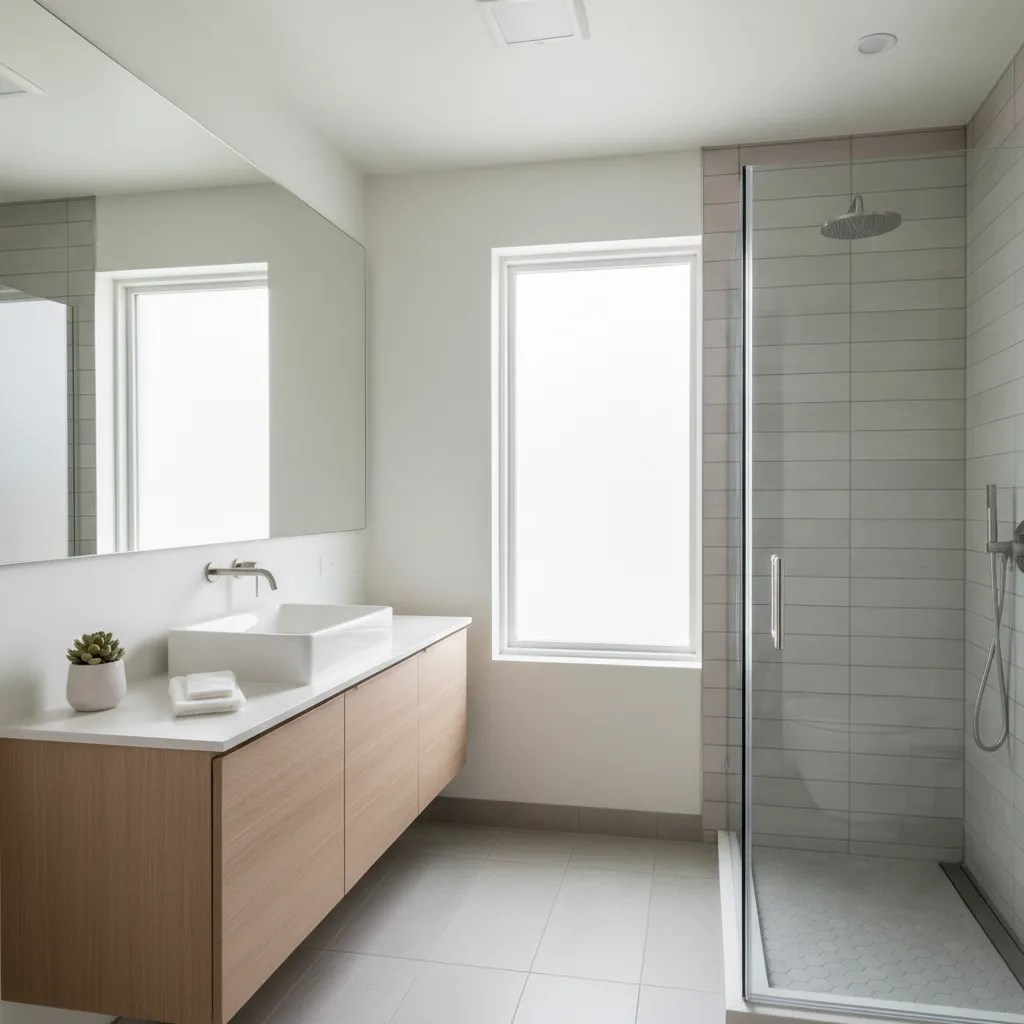 Minimalist white bathroom with wooden cabinet square sink glass shower and bright window natural light