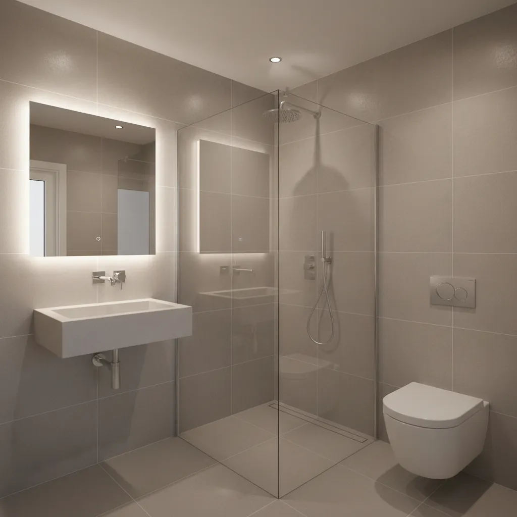 Baño pequeño moderno optimizado con ducha a ras de suelo