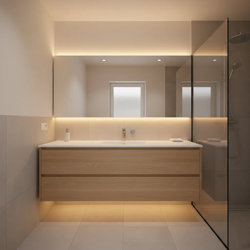 Baño pequeño con espejo grande de pared completa