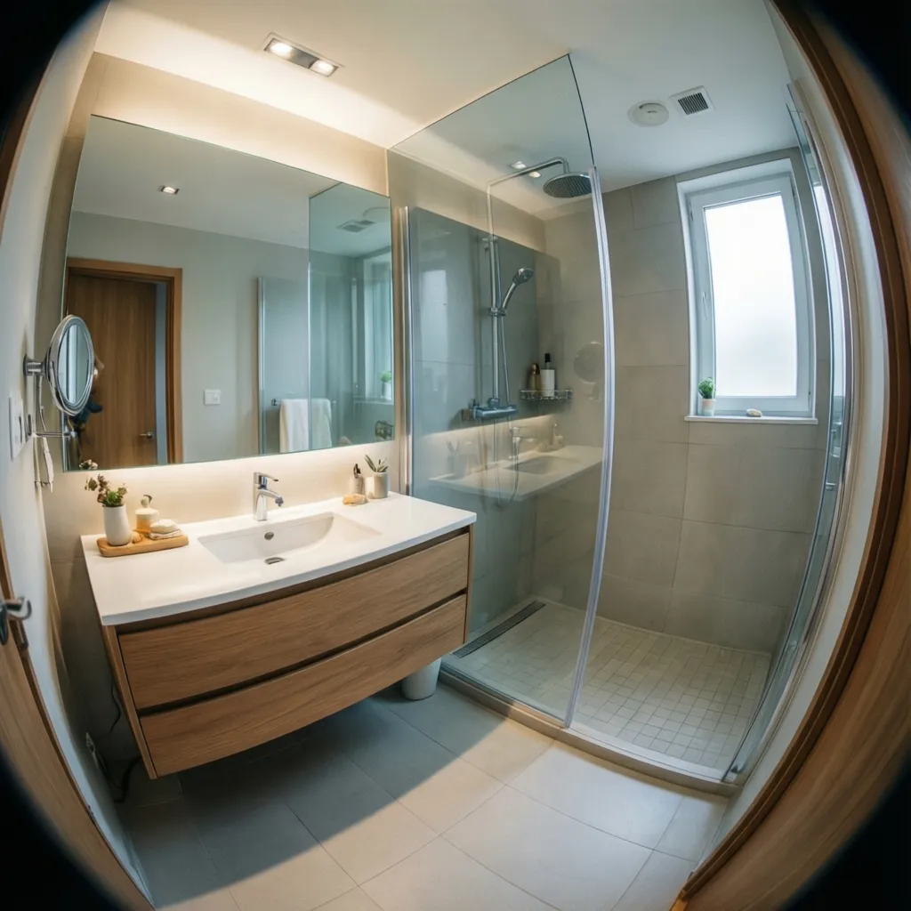 Baño pequeño con espejo grande ducha abierta y buena iluminación