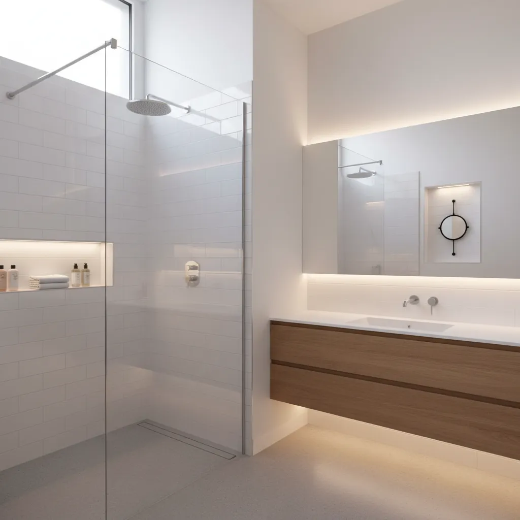 Modern bathroom interior with white wall tiles glass shower wood cabinet large mirror warm lights